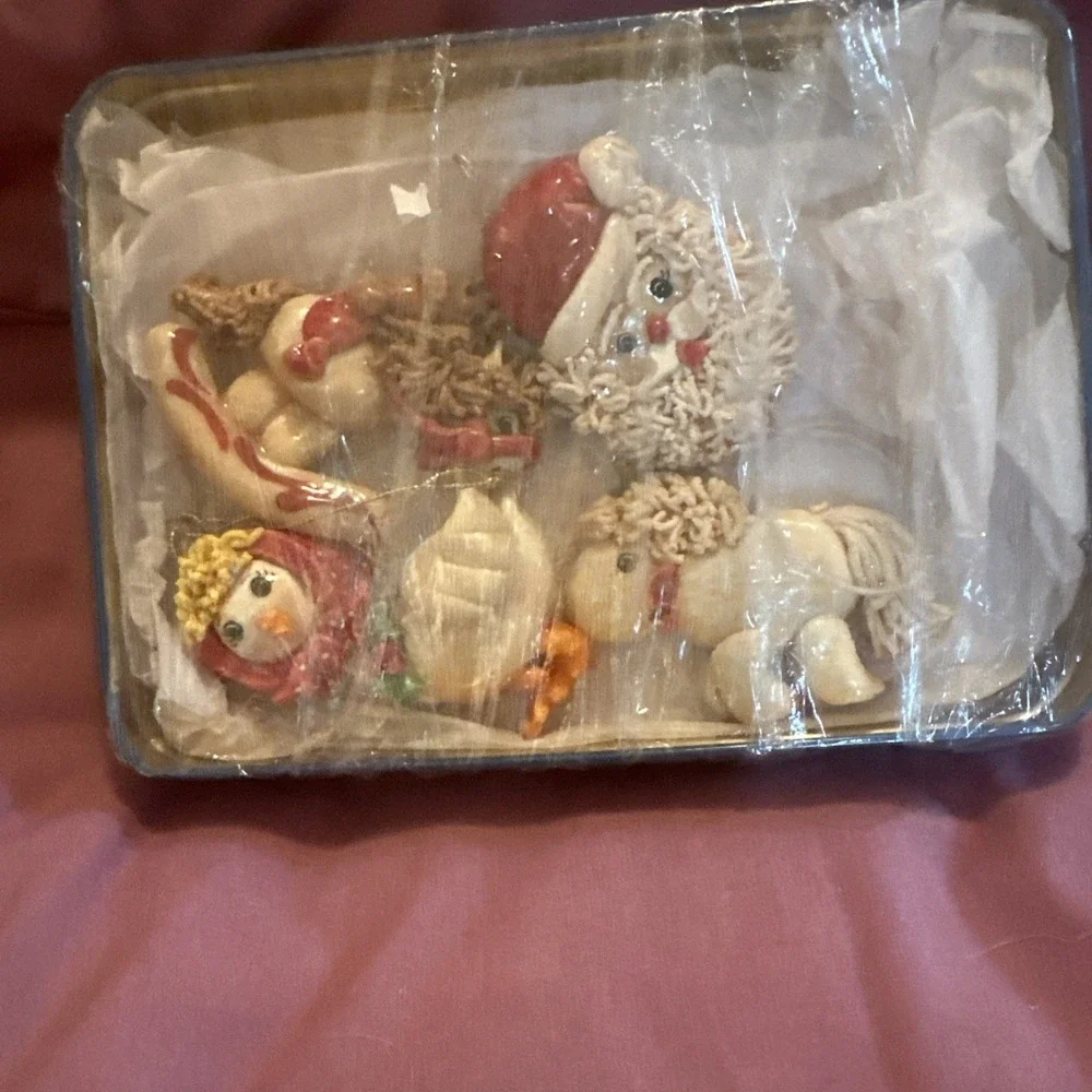 4 Vtg Salt Dough Polymer Christmas Ornaments Santa Goose Unicorn Rocking Horse
